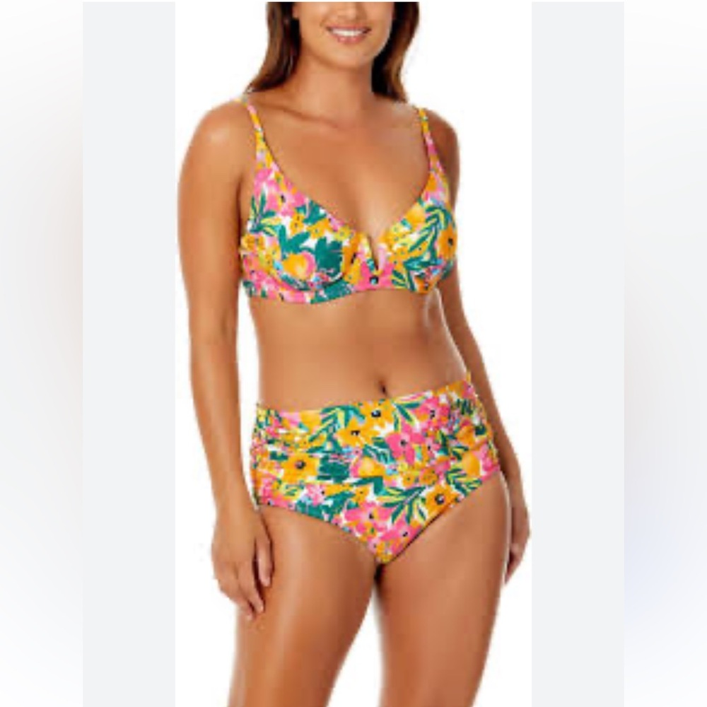 Anne Cole V-Wire Floral Bikini Top & Convertible Bottom -Pink, Yellow, Green XL